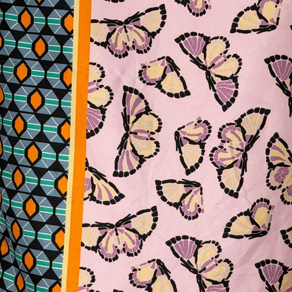 Zara Butterfly Geometric Print Square Scarf Pink Blue Orange Silk Feel 115-32